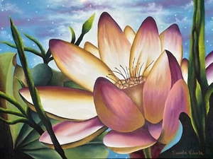 OOAK Oil Painting on Canvas Hand Painted Lotus Flower Landscape Art 18 by 24 In - Picture 1 of 12