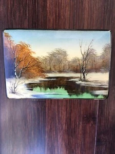 Scatola portagioie vintage stile russo Mstyora miniatura lacca alberi di fiume scena invernale - Foto 1 di 10