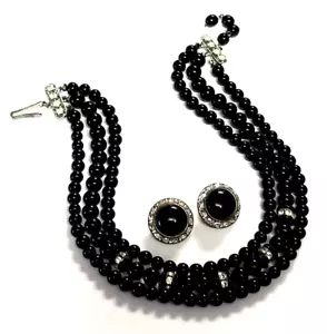 Collar Gargantilla con Cuentas de Vidrio Negro azabache 14" Renacimiento Victoriano Vintage 3 Hebras - Imagen 1 de 5