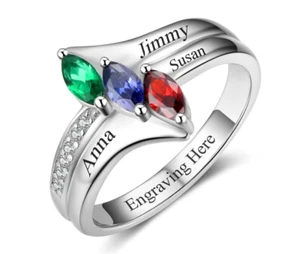Personalized Mother's Ring 3 Marquise Birthstones 3 Names 925 Sterling Silver - Picture 1 of 6