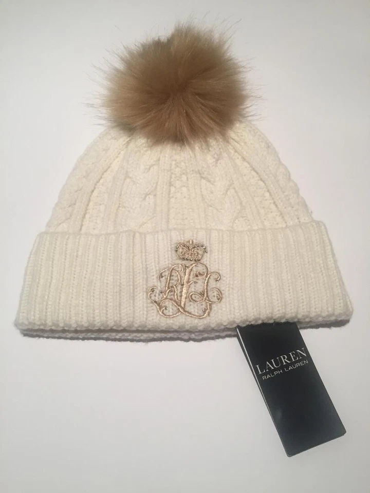 NUEVO CON ETIQUETAS MARCA RALPH LAUREN PUÑO ESTILO CABLE SOMBRERO CON POM BLANCO MEZCLA LANA Foto 1 de 1