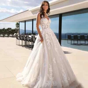 Luxury A-Line Wedding Dresses Deep V-Neck Backless Lace Applique Bridal Gowns - Picture 1 of 11