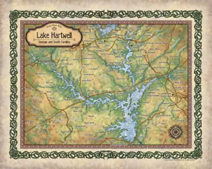Hartwell Lake Georgia Carolina del Norte Mapa Arte Imprimir Cartel Pared Decoración del hogar y regalo - Imagen 1 de 8