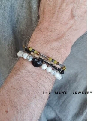New men's 3 pcs set original design handwoven with gemstone bracelet - Image 1 of 4