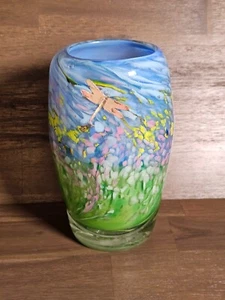 Artisan Handblown Glass Dragonfly Wildflower Vase 9" Unmarked - Picture 1 of 6