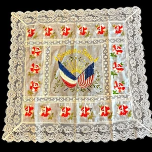 RARE Antique WWI War Souvenir De France Silk Scarf Embroidered Roses & Flags - Picture 1 of 20