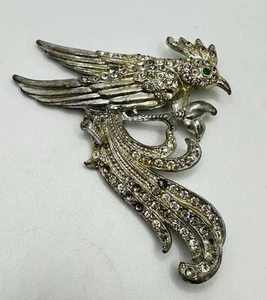 Vintage 1940 Topf Metall silberfarben XL Vogel Phönix Adler Brosche Anstecknadel unsigniert lesen - Bild 1 von 11