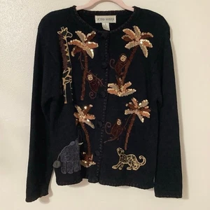 Victoria Harbour Vintage 90s Black Embroidered Safari Knit Cardigan Medium - Picture 1 of 11