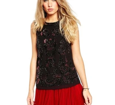 NEEDLE & THREAD Beaded Sequin Top Black Metallic Embellished Sleeveless Blouse 6 - Image 1 of 4