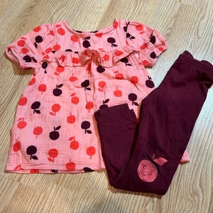 Cat & Jack Girls Set 5T Top Ruffle Sleeve Apples Burgundy Leggings Outfit - Picture 1 of 4