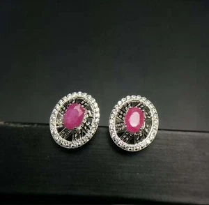 2ct Natural Stud Earring Oval Cut Ruby Diamond Stylish Halo 14k Solid White Gold - Picture 1 of 14