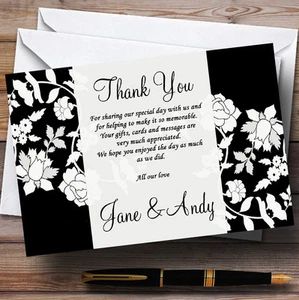 Black And White Floral Flower Personalised Wedding Thank You Cards - Picture 1 of 1