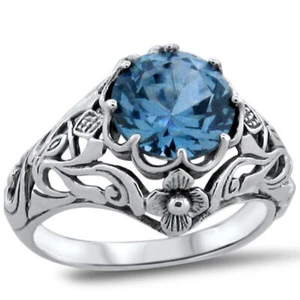 Scottish Thistle ART NOUVEAU STYLE 925 SILVER SIMULATED AQUAMARINE RING     365X - Picture 1 of 4