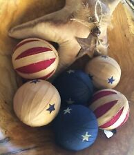 6 Americana Homespun Rag Balls Ragball Bowl Filler Farmhouse Patriotic Ornaments