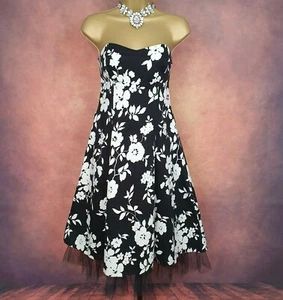 Women's Miss Posh Black White Floral Strapless Bandeau Flared Midi Dress Size 12 - Picture 1 of 11