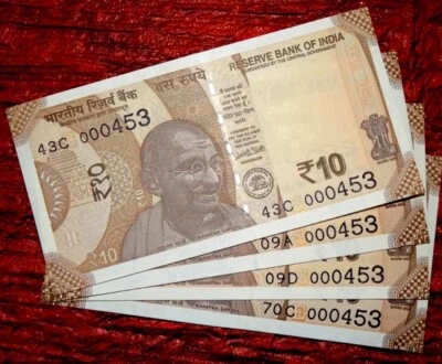 INDIA REPUBLIC | 2018 - 10 RUPEE SAME NUMBER 000453 - 4 UNC NOTES LOT - Image 1 of 3