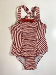 Girls 4t Swimsuit One Piece Vintage Inspired Pin Up Red Stripe Rouched Retro Bow - Picture 1 of 12