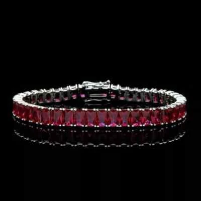 8CT Emerald Cut Lab-Created Ruby Women's Tennis Bracelet 14K White Gold Plated - Image 1 of 4