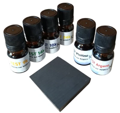 6x test à tester Or 9, 14, 18, 24 K + argent + platine + pierre de touche - KD89 - Immagine 1 di 4