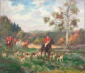 Öl auf Leinwand, "HUBERTUSJAGD - FUCHSJAGD" Adel, Keilrahmen, unbek. Künstler - Bild 1 von 5