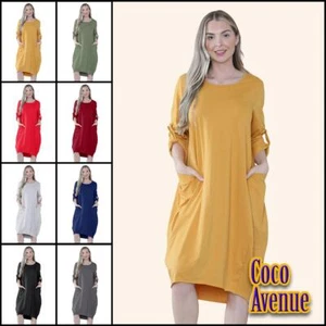 Vestido túnica italiana con mangas giratorias para damas Vestido Lagenlook Bolsillos lisos Vestido holgado - Imagen 1 de 45