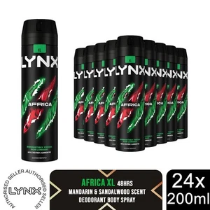 Lynx XL Africa Body Spray 48H Fresh Mandarin & Sandalwood Scent Deo 200ml, 24 Pk - Picture 1 of 8