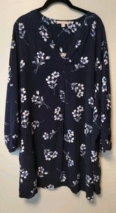 Woman Within Women's Blouse 4X Navy Blue White Roses 3/4 Sleeve Flowy Button - Picture 1 of 7