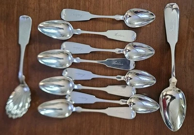 Sterling-J.M. Bonnet: Zanesville c.1860, 8-6"tea, 1-8"table, 1-6.25"sugar spoons - Image 1 of 4