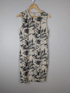 David Meister Kleid Damen 8 Beige Schwarz Leinenmischung Etui Toile Print Hergestellt in den USA - Bild 1 von 8