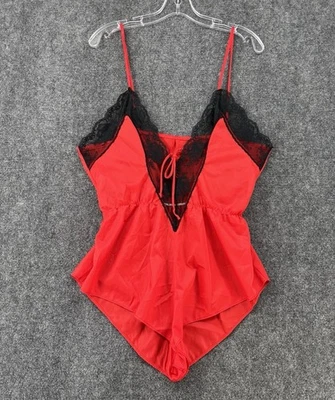 VINTAGE Undercover Wear Red Teddy Black Lace Trim Women’s Large Made In USA - Image 1 of 4