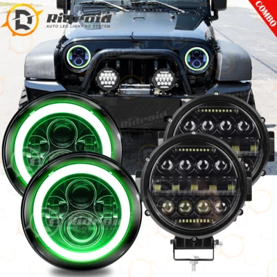 7" LED Headlights&Green Halo+7" Off Road Driving Work Lights Kit For Jeep Truck - Image 1 of 4