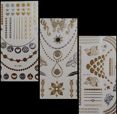 3 piezas. Tatuajes temporales de lámina dorada y plateada mariposa flash, corazones cuerpo cara tats Foto 1 de 4