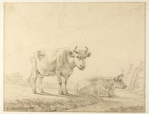 Antique Pencil Drawing Original 19th century Animal, Cows - Picture 1 of 6