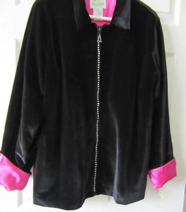 Womens QUACKER FACTORY Black Velvet Rhinestone Zipper Jacket XL Hot Pink Lining - Picture 1 of 9