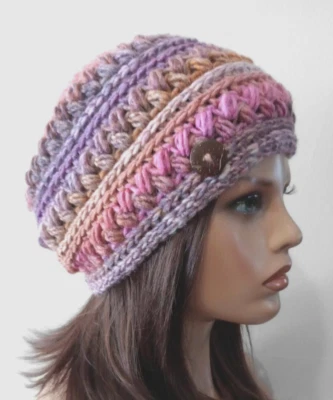 handmade crochet womans button beanie hat bewitched pink purple puffs new - Image 1 of 3