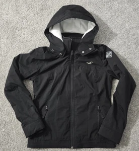 women HOLLISTER all-weather HOODED JACKET zip-up BLACK stretch SNAPS size SMALL - Picture 1 of 12