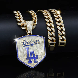 Men's LA Dodgers Hip Hop Iced Pendant & 20" Cubic Zirconia Cuban Chain Necklace - Picture 1 of 11