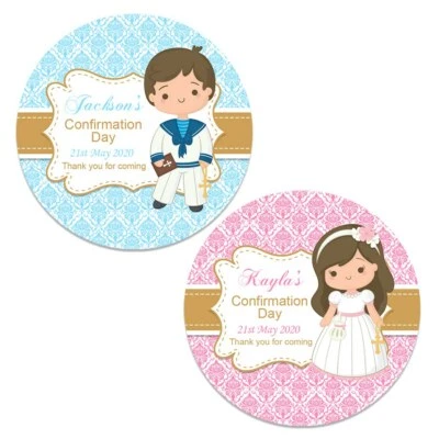 PERSONALISED CONFIRMATION FAVOUR SWEET CONE PARTY GIRL & BOY STICKERS  - Image 1 of 3