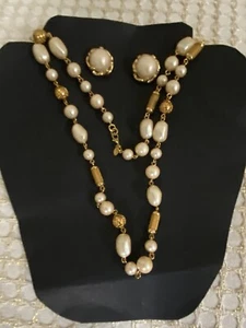 VTG Rare Signed Monet Gold Ball Caged Linked Pearl Necklace. Unbranded Earrings - Picture 1 of 10
