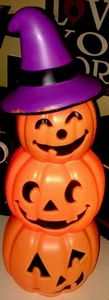 Lighted Halloween Blow mold Pumpkin Trio Stack with Purple Witch Hat (Read Desc - Picture 1 of 14