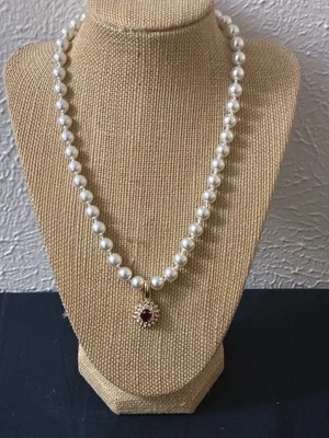 Single Strand pearl necklace with a Ruby enhancer pendant.  16" - Image 1 of 4