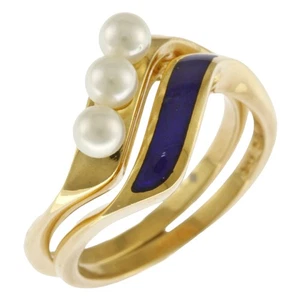 Mikimoto Ring US 5 3/4 EU51 K18 Gelbgold Emaille Perle 2 Stationen gebraucht - Bild 1 von 8