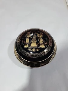 VINTAGE GREEK HANDMADE 24K GOLD PORCELAIN ROUND TRINKET JEWELRY WITH LID NICE! - Picture 1 of 12
