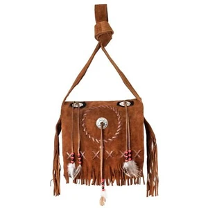 Native American Western Style Beaded Feathered Brown Suede Leather Fringe Bag - Picture 1 of 10