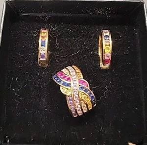 NIB Technibond 14k Yellow Gold over 925 multi color gemstone Set Ring/Earrings - Picture 1 of 12