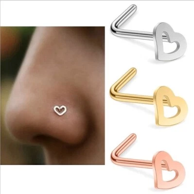 20g Heart L-Shape Nose Ring - Rose Gold, Gold, Silver, Black, &  Rainbow - Image 1 of 4