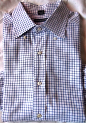 285 美元 Bergdorf Goodman 蓝色/白色格子衬衫长袖纽扣意大利制造 XL — 第 1/4 张图片