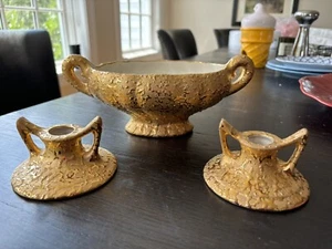 Weeping Bright Gold 22k Hand Painted Bowl And Candleholders - Picture 1 of 11
