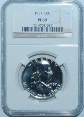 Meio dólar 1957 NGC PR69 PF69 Proof Strike Franklin - Imagem 1 de 2