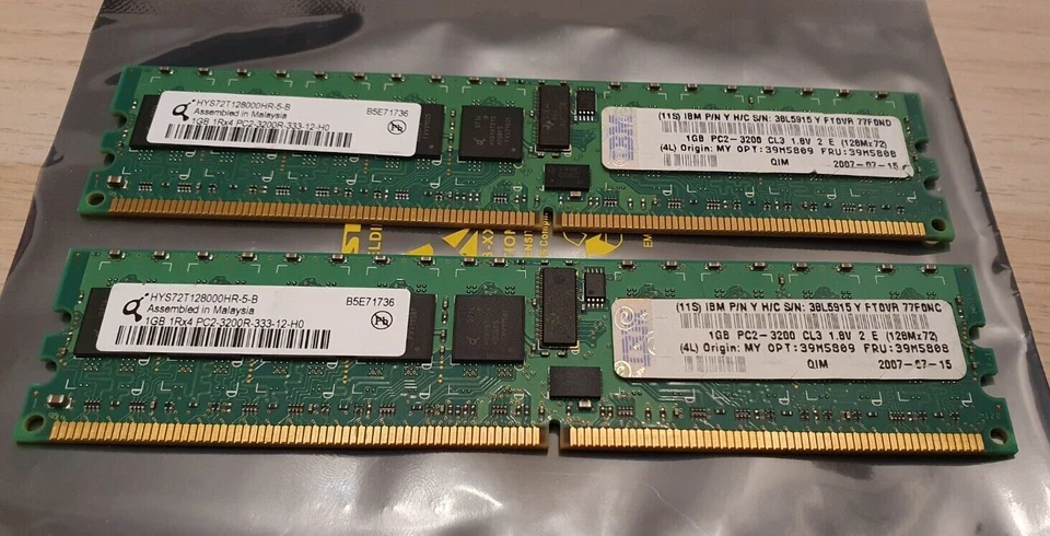 2 pack - IBM 39M5808 1GB 1RX4 PC2 3200R DDR2 38L5915 HYS72T12800HR-5-B DIMM - Image 1 of 2